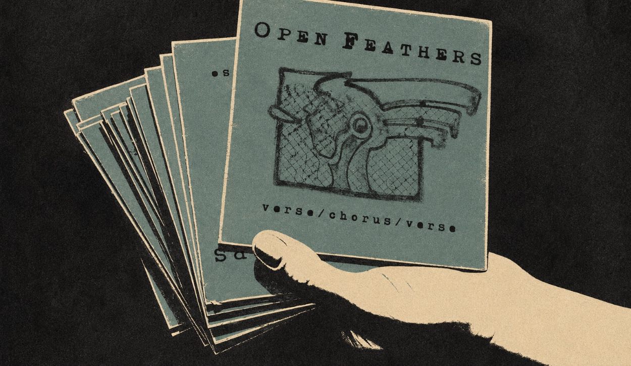 A hand fanning out a stack of Open Feathers seven-inch sleeves