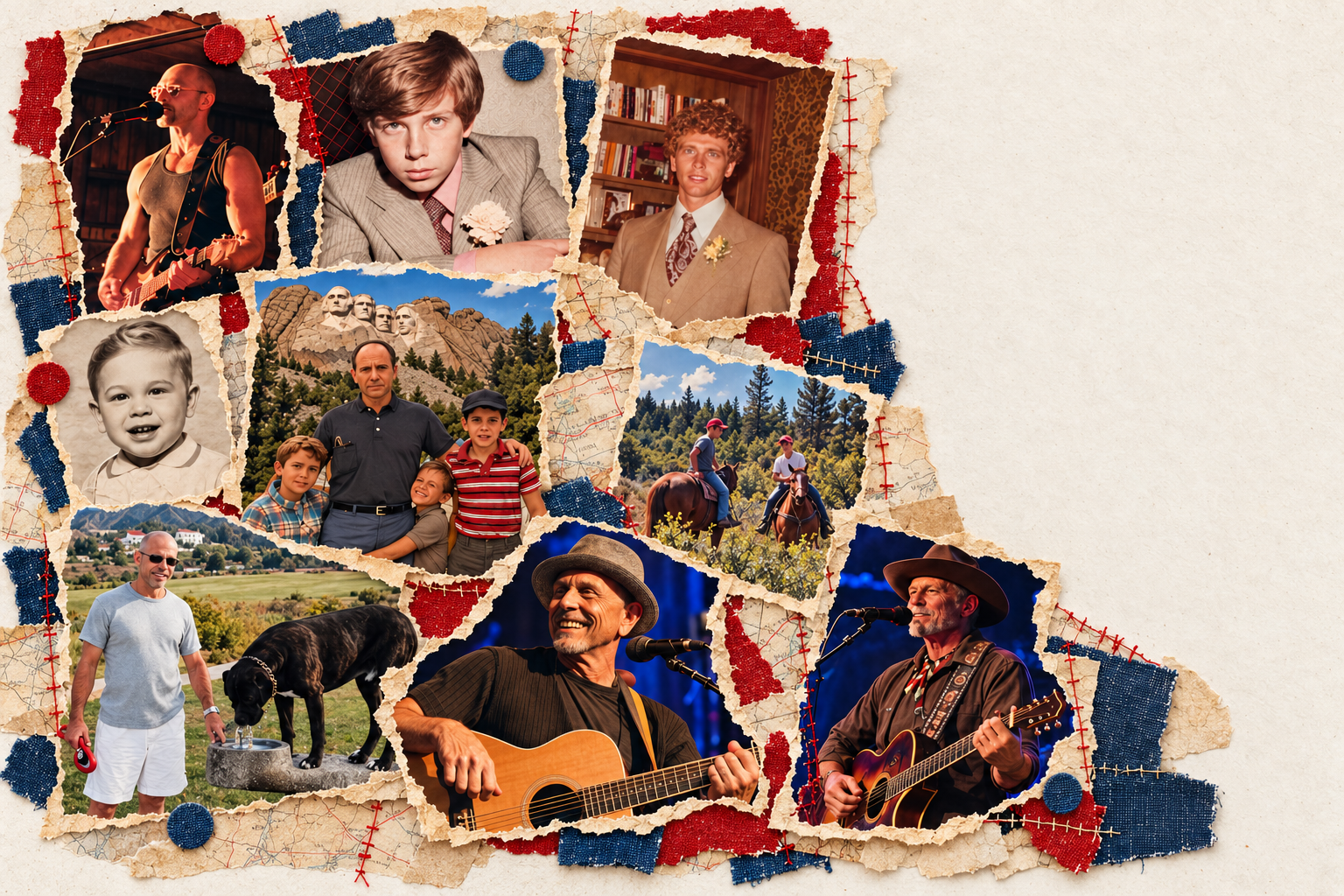 Flat lay collage of Judd's life across the decades on ivory paper with colored fabric and stitched photo cutouts